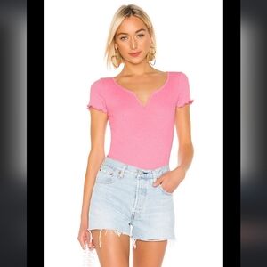 Wildfox Madison V-neck Ribbed Bodysuit Short Sleeve,  Bubble Gum Pink,‎ Size Med